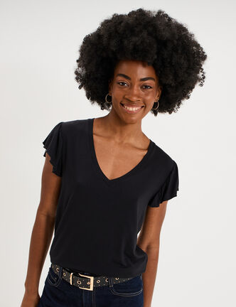 T-shirt droit manches courtes &agrave; volants noir femme