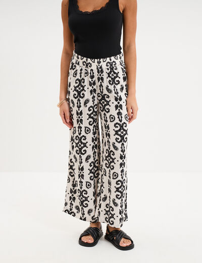 Pantalon fluide large taille &eacute;lastiqu&eacute;e ecru femme