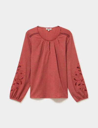 Blouse manches brod&eacute;es ajour&eacute;es coton vieux rose femme