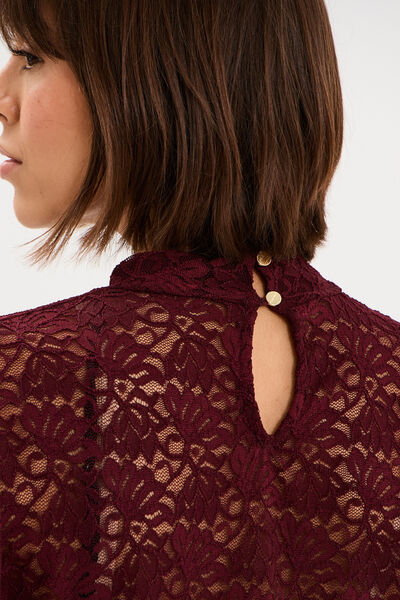 Blouse dentelle col montant violet fonc&eacute; femme