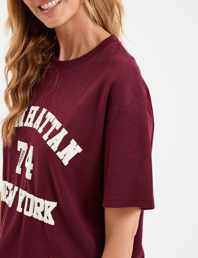T-shirt col rond manches courtes coton bordeaux femme