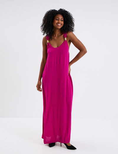 Robe longue bretelles bijoux rose fushia femme