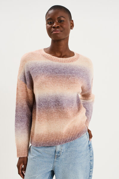 Pull droit col rond manches longues multicolore femme