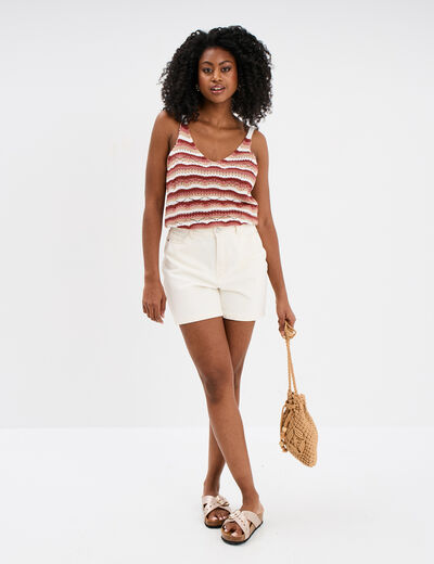 Débardeur tricot ajouré col en V beige femme