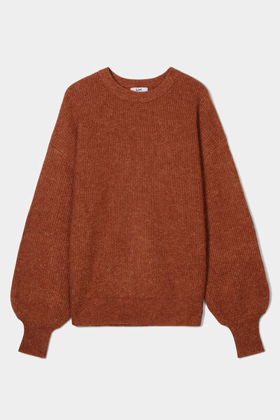 Pull col rond manches ballons camel femme