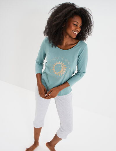 Ensemble pyjama corsaire t-shirt coton bleu gris femme