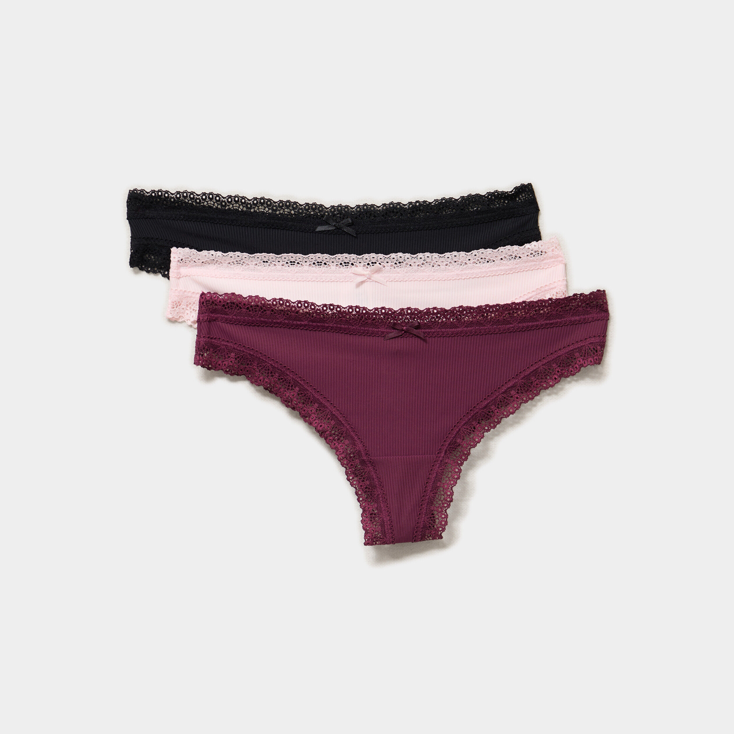 Lot 3 tangas côtelés à dentelle prune femme LH