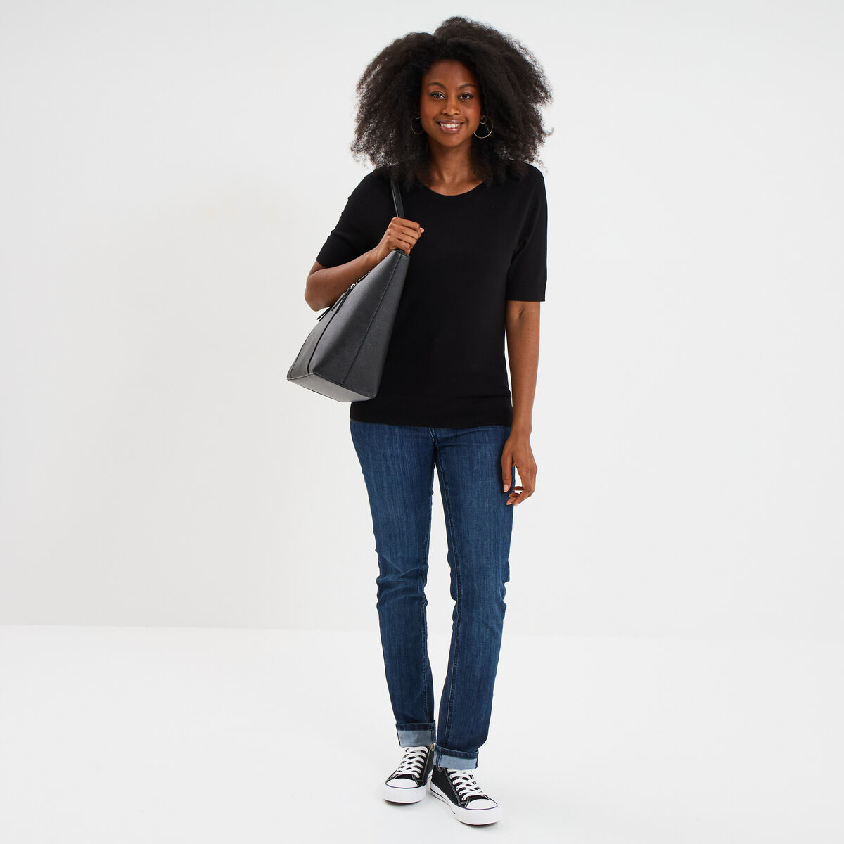 Pull manches courtes col rond noir femme