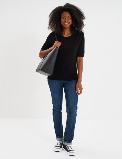 Pull manches courtes col rond noir femme