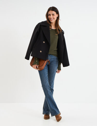 Pull col rond boutons aux poignets vert kaki femme
