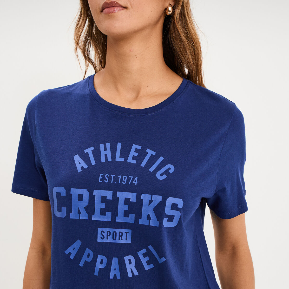 T-shirt col rond manches courtes bleu fonc&eacute; femme