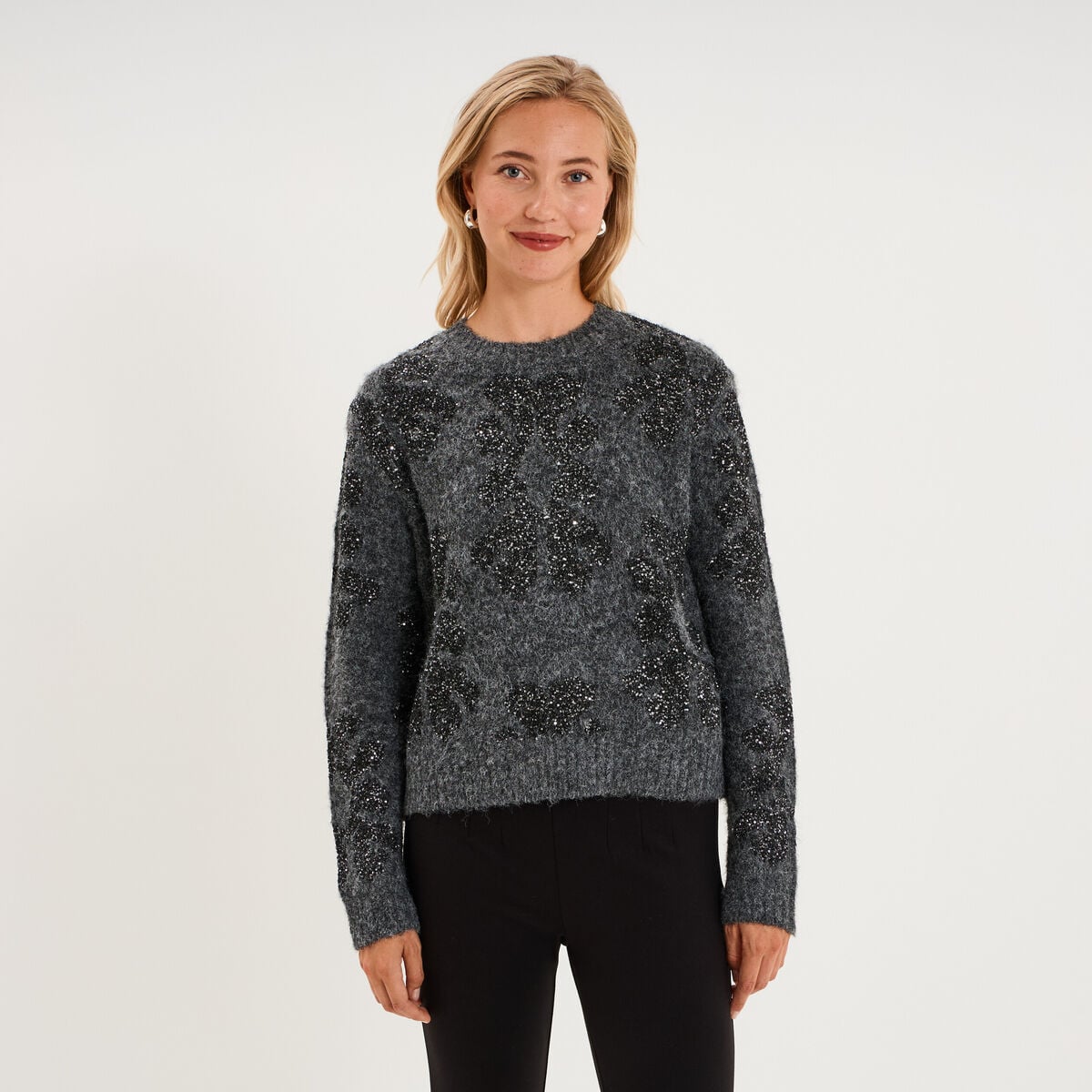 Pull col rond &agrave; sequins gris fonc&eacute; femme