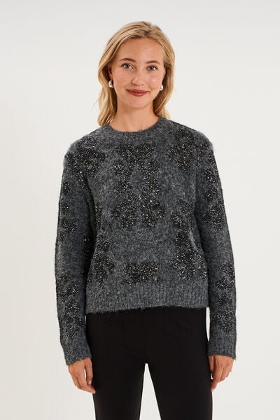 Pull col rond &agrave; sequins gris fonc&eacute; femme