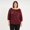 Blouse &agrave; sequins col bardot manches 3/4 rouge fonc&eacute; femme grande taille