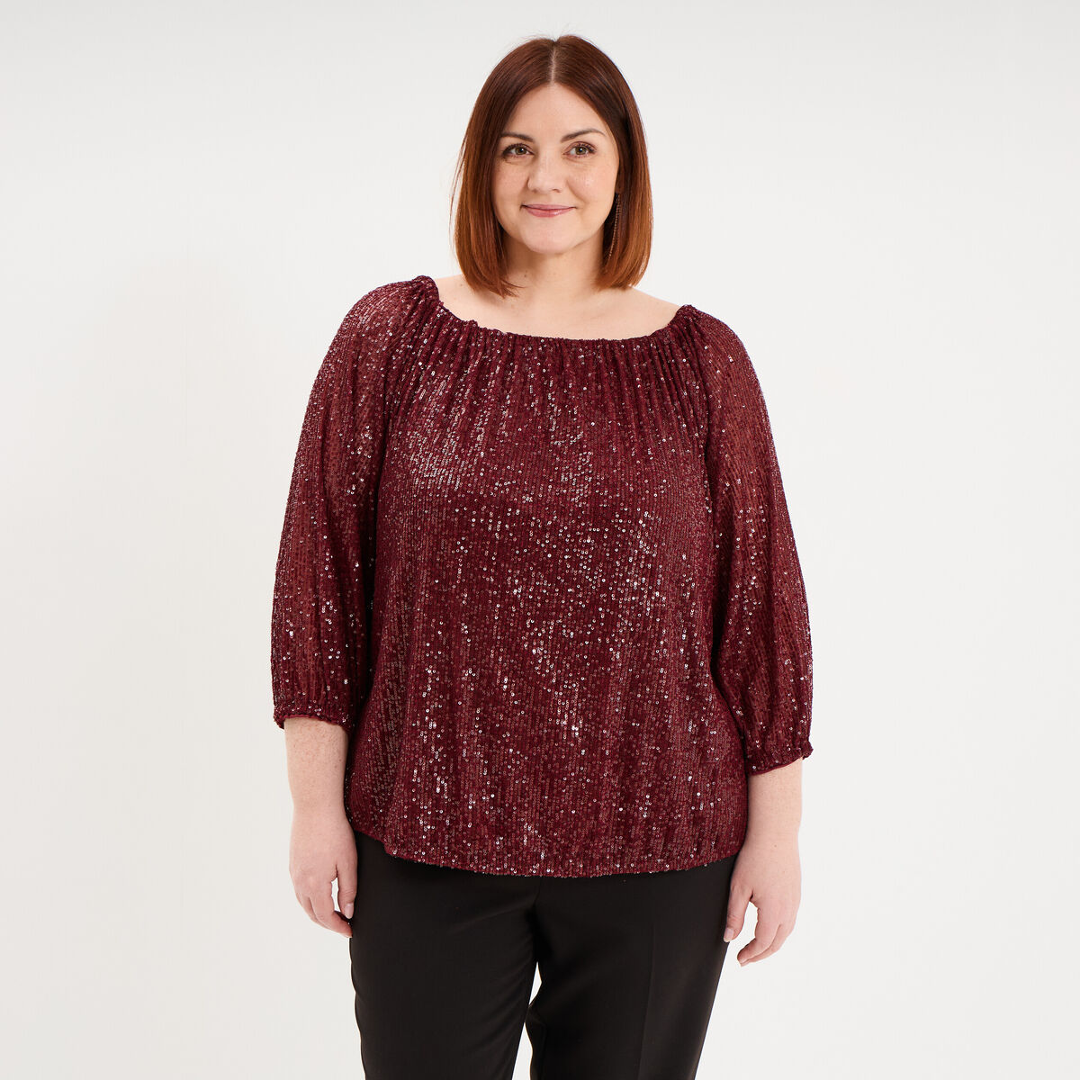 Blouse &agrave; sequins col bardot manches 3/4 rouge fonc&eacute; femme grande taille