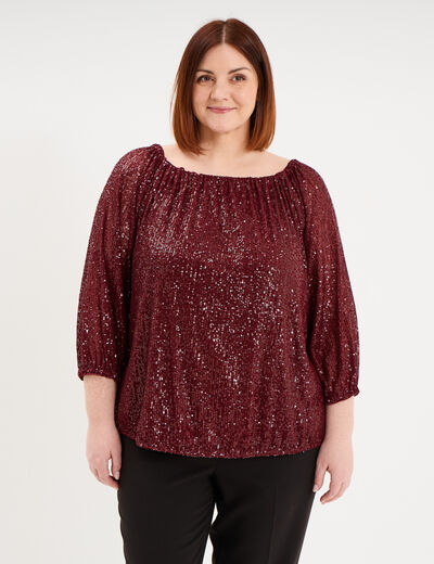 Blouse &agrave; sequins col bardot manches 3/4 rouge fonc&eacute; femme grande taille