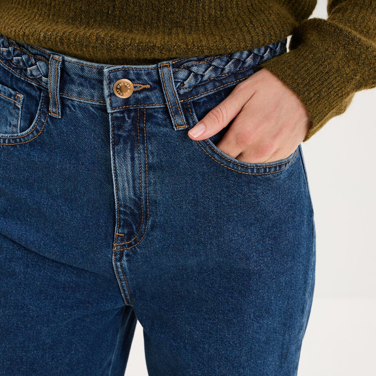 Jean large taille haute ceinture tress&eacute;e denim stone femme