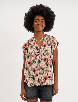 Blouse cr&eacute;pon manches courtes vert kaki femme