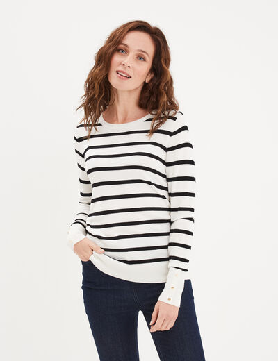 Pull col rond boutons aux poignets ecru femme