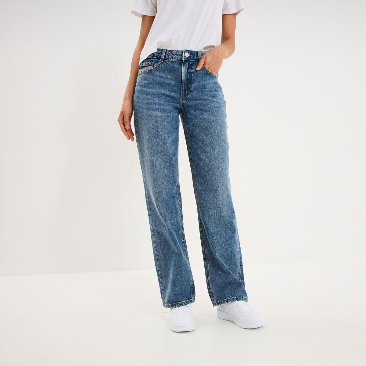Jean droit taille basse coton denim stone femme