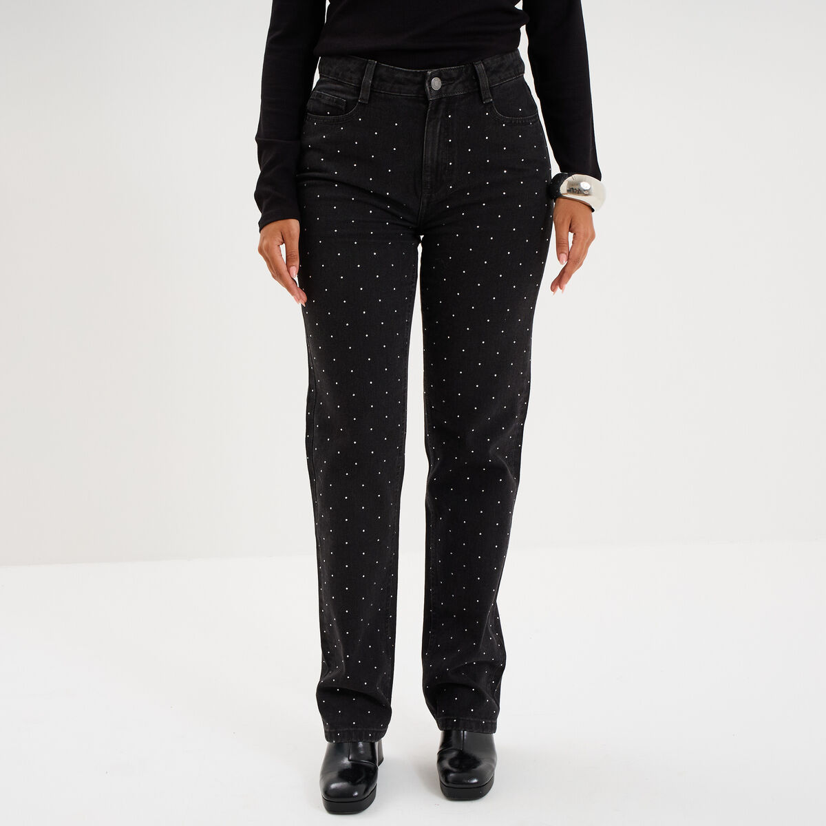 Jean droit &agrave; strass taille haute denim noir femme