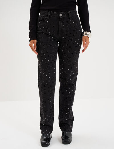 Jean droit &agrave; strass taille haute denim noir femme
