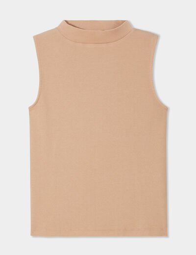 T-shirt côtelé col montant sans manches sable femme