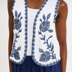 Gilet sans manches brod&eacute; gaze de coton blanc femme