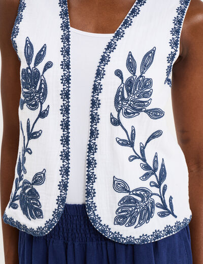 Gilet sans manches brod&eacute; gaze de coton blanc femme