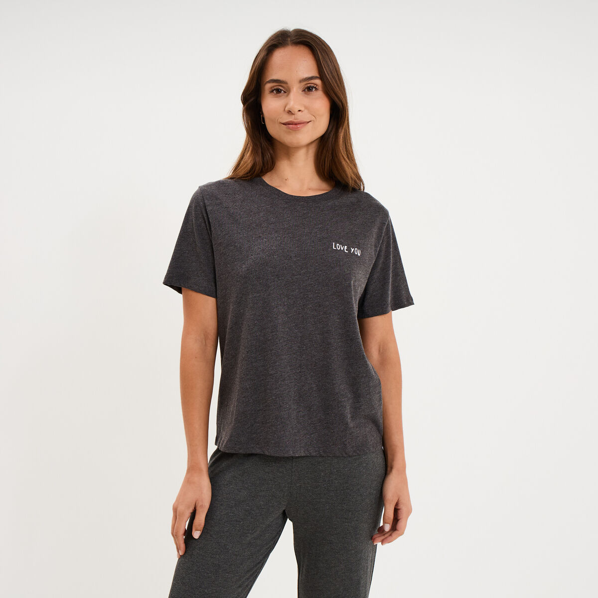 T-shirt col rond manches courtes coton gris fonc&eacute; femme