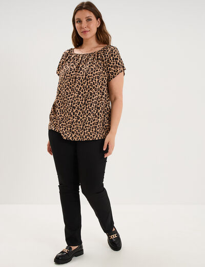 T-shirt gaufr&eacute; avec manches &agrave; noeuds beige clair femme grande taille