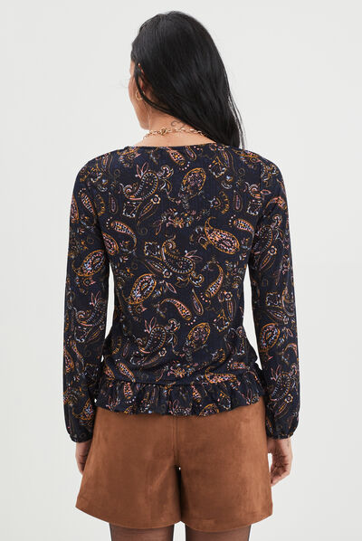 T-shirt fluide col à coulisse Creeks bleu foncé femme