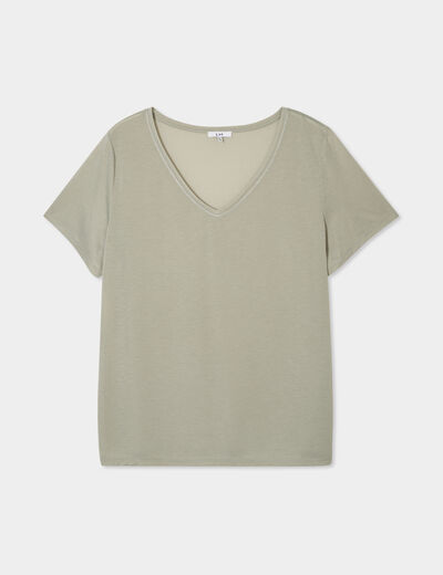 T-shirt manches courtes col V vert kaki femme grande taille