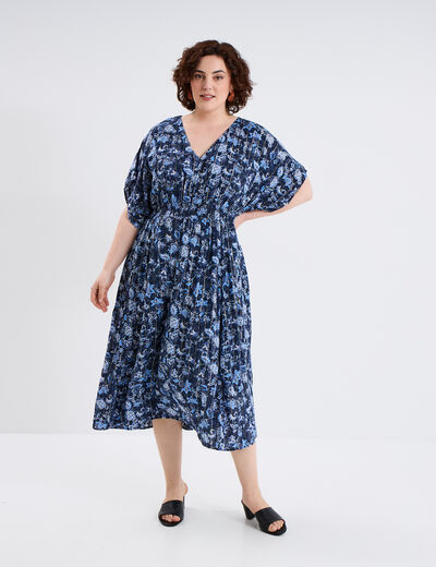 Robe longue taille smockée bleu marine femme grande taille