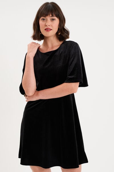 Robe courte en velours manches courtes noir femme