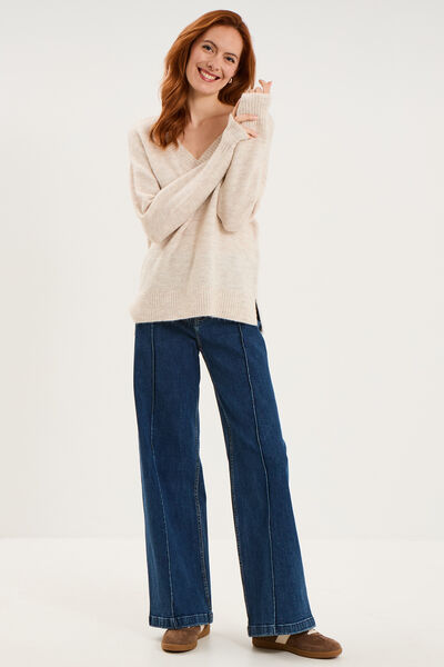 Pull col en V manches longues ecru femme