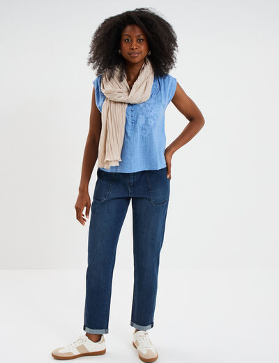 Blouse col tunisien sans manches coton bleu clair femme