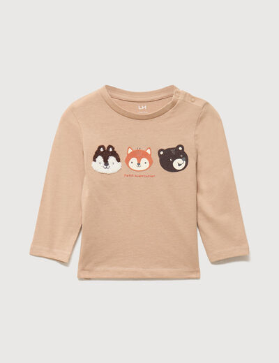 T-shirt &eacute;paule boutonn&eacute;e coton marron clair b&eacute;b&eacute; gar&ccedil;on