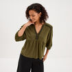 Blouse col tunisien brod&eacute; coton vert kaki femme