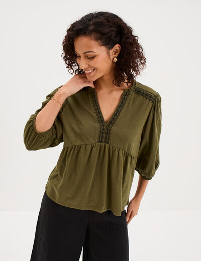 Blouse col tunisien brod&eacute; coton vert kaki femme