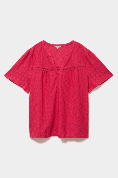 Blouse manches courtes broderie anglaise rose cerise femme grande taille