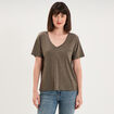 T-shirt col en V manches courtes vert kaki femme