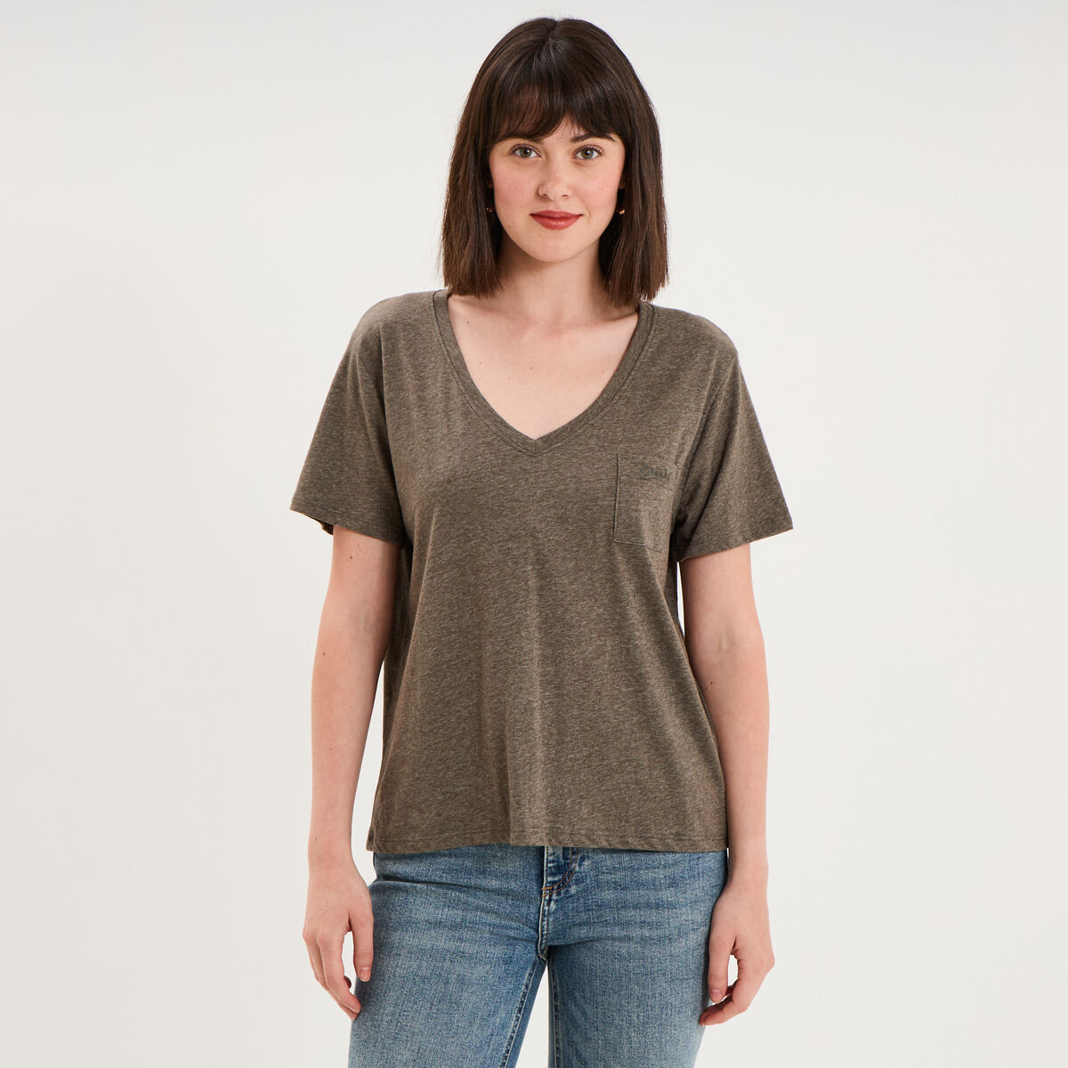 T-shirt col en V manches courtes vert kaki femme