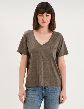 T-shirt col en V manches courtes vert kaki femme