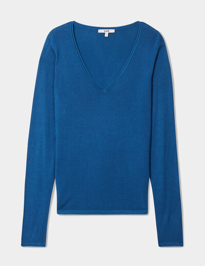 Pull ajusté avec col en V bleu foncé femme