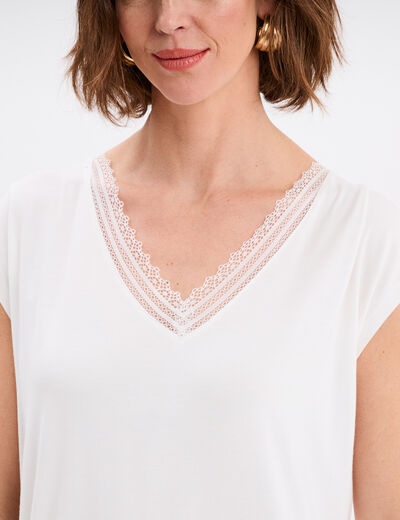 T-shirt col en V manches courtes blanc femme