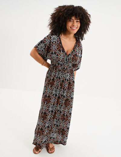 Robe fluide longue col et dos en V noir femme