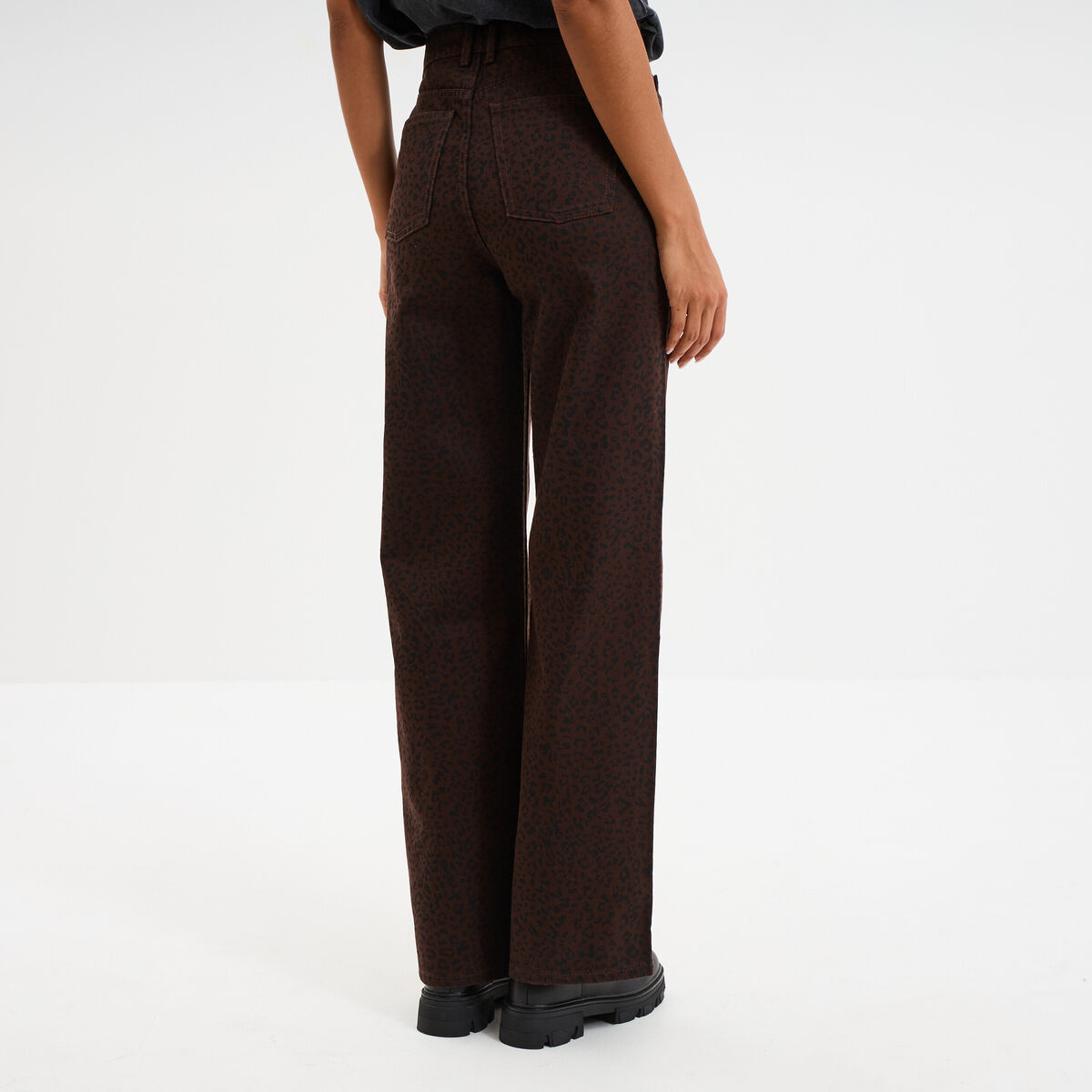 Jean large taille haute coton marron foncé femme