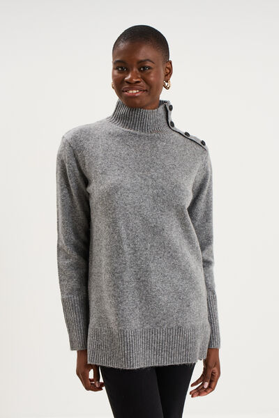 Pull col montant &agrave; boutons gris femme