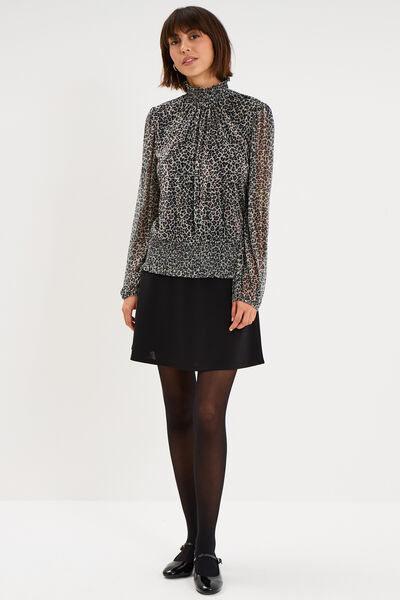 Blouse smock&eacute;e col montant gris argent femme